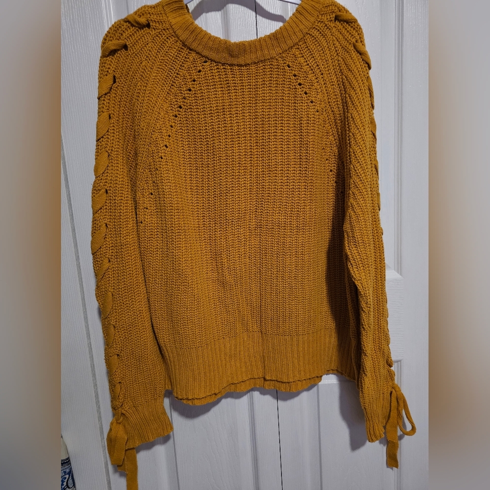 Time and Tru Yellow Sweater with Lace-Up Sleeves